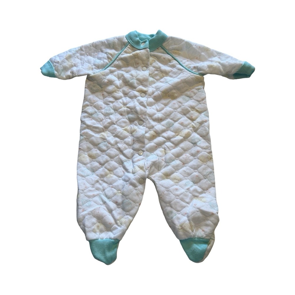 Vintage 1995 Playskool Quilted Footed Sleeper 0-3M White Teal Pastel 38550‎ USA